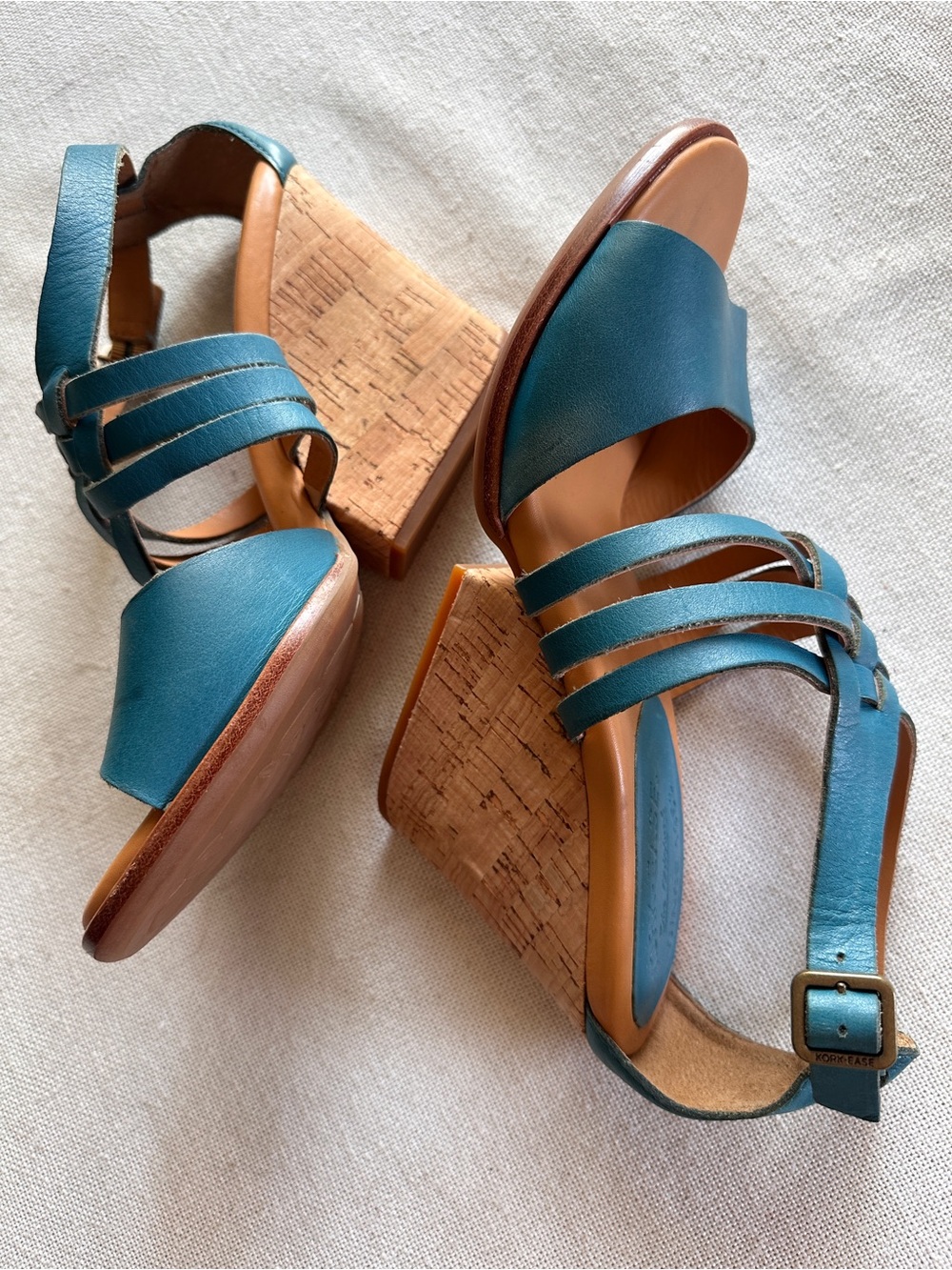 Kork-Ease Adelaide Teal Blue Leather Cork Wedge Sandals | 8